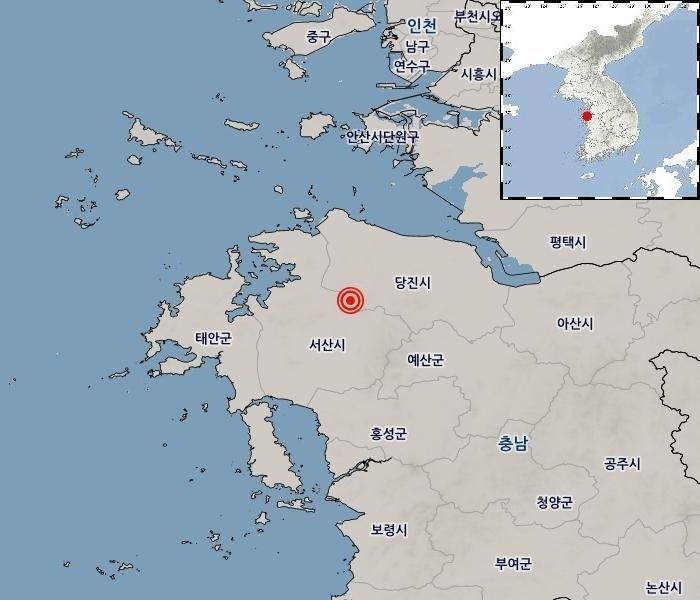 본문 이미지 - 16일 오전 9시 33분쯤 충남 당진서 발생한 지진의 진앙을 표시한 지도(기상청 제공)