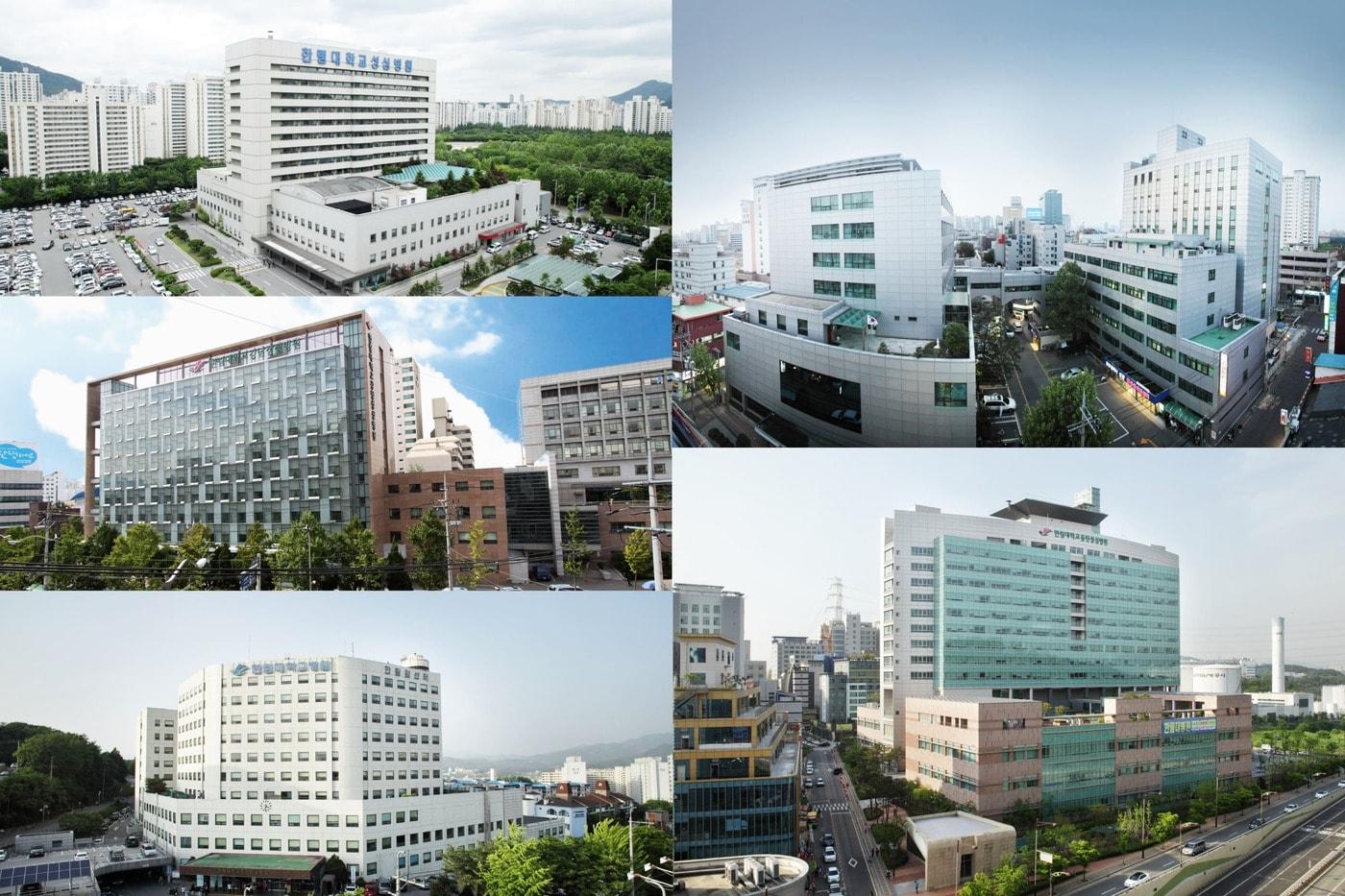 한림대의료원 산하 5개 병원. 한림대성심병원&#40;좌측부터 시계방향으로&#41;, 한림대한강성심병원, 한림대동탄성심병원, 한림대춘천성심병원,한림대강남성심병원. &#40;한림대의료원 제공&#41;