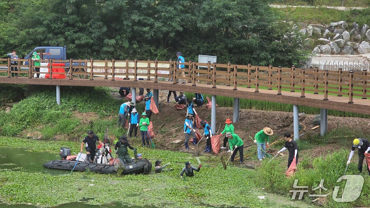 시민·단체·기관 봉사자들이 풍전저수지 정화 활동에 땀방울을 흘리고 있다.(서산시 제공. 재판매 및 DB금지)2025.8.18/뉴스1