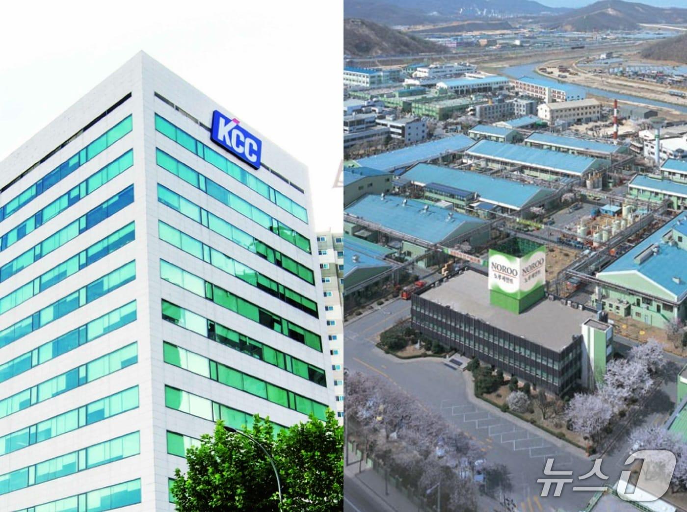 본문 이미지 - 서울 서초구 KCC 본사&#40;왼쪽&#41;와 노루페인트 안양 공장의 모습/뉴스1 DB