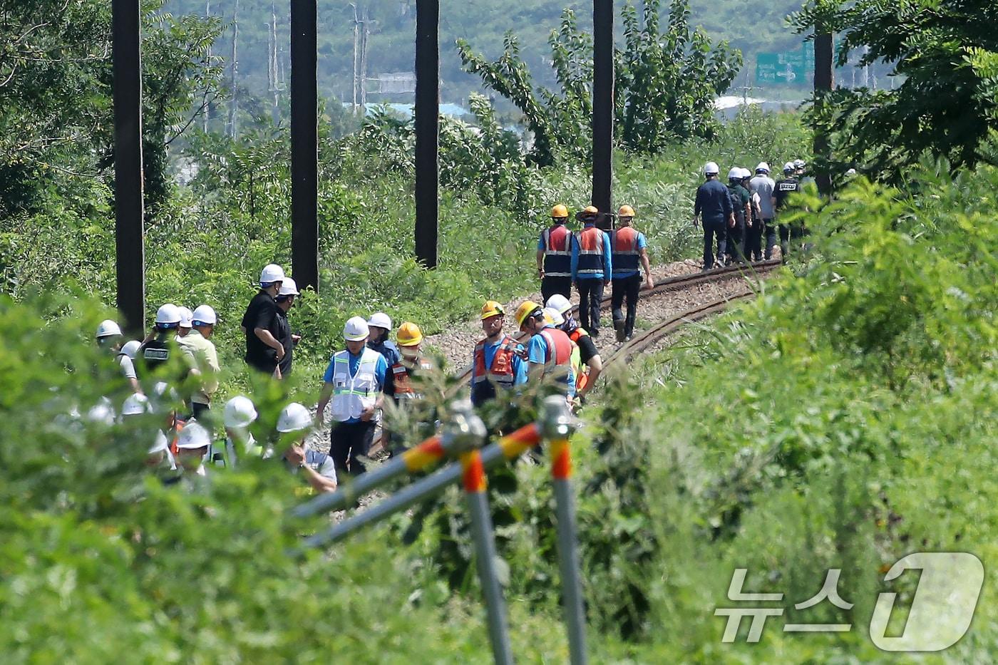 19일 오전 10시52분쯤 경북 청도군 화양읍 삼신리 청도소싸움 경기장 인근 경부선 철로에서 진주로 향하던 무궁화 열차가 선로에서 작업하던 근로자 7명을 치는 사고가 발생했다. 경찰과 소방, 코레일 등 관계자들이 사고 현장을 조사하고 있다. 2025.8.19/뉴스1 ⓒ News1 공정식 기자