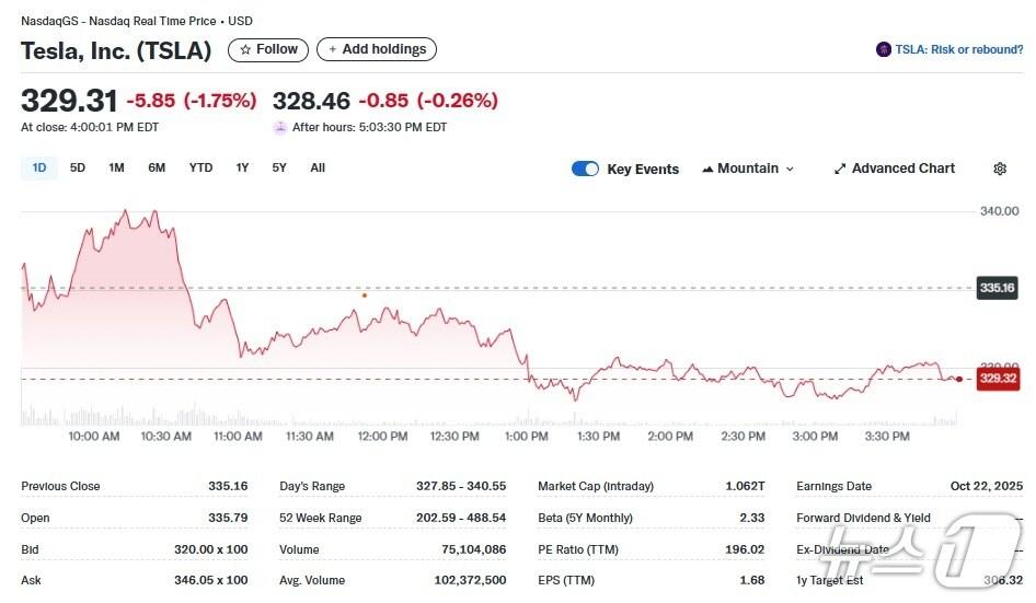 본문 이미지 - 테슬라 일일 주가추이 - 야후 파이낸스 갈무리