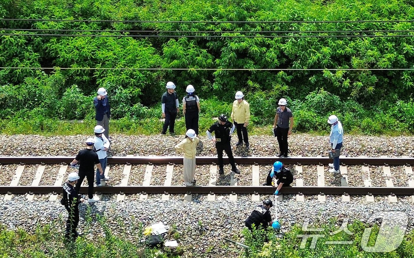 20일 오후 경북경찰청, 국립과학수사연구원, 항공철도사고조사위원회, 노동 당국 등 합동감식에 참여한 기관 관계자들이 경북 청도군 화양읍 삼신리 경부선 무궁화호 열차 사고 현장에서 합동감식을 진행하고 있다. 2025.8.20/뉴스1 ⓒ News1 공정식 기자