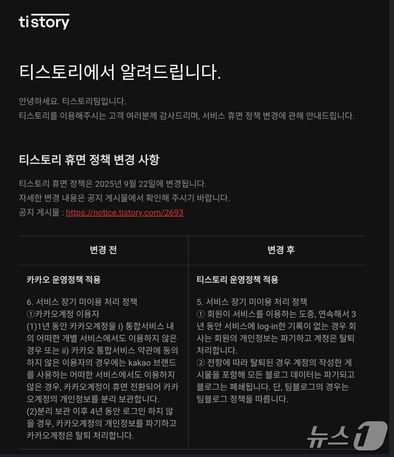 본문 이미지 - 티스토리 휴면정책 변경 공지&#40;티스토리 갈무리&#41;/뉴스1