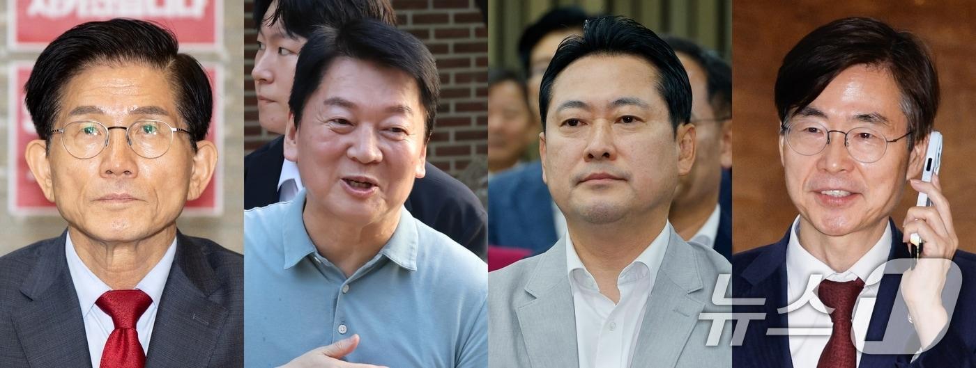 국민의힘 전당대회를 하루 앞둔 21일 김문수(왼쪽부터), 안철수, 장동혁, 조경태 국민의힘 당대표 후보가 각자 당사와 대구, 국회에서 일정을 소화하고 있다. 2025.8.21/뉴스1 ⓒ News1 안은나 기자,이승배 기자