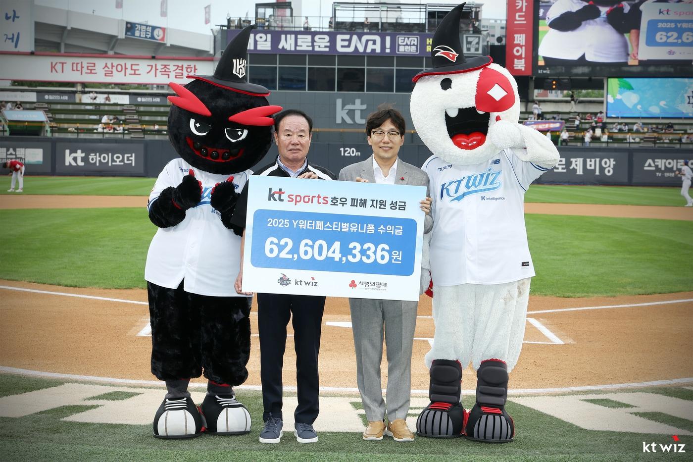프로야구 KT 위즈는 20일 수원 KT 위즈파크에서 열린 SSG 랜더스와 경기에 앞서 연고 지역 수재민들을 돕기 위한 기부금 전달식을 가졌다.(KT 위즈 제공)