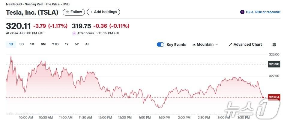 본문 이미지 - 테슬라 일일 주가추이 - 야후 파이낸스 갈무리