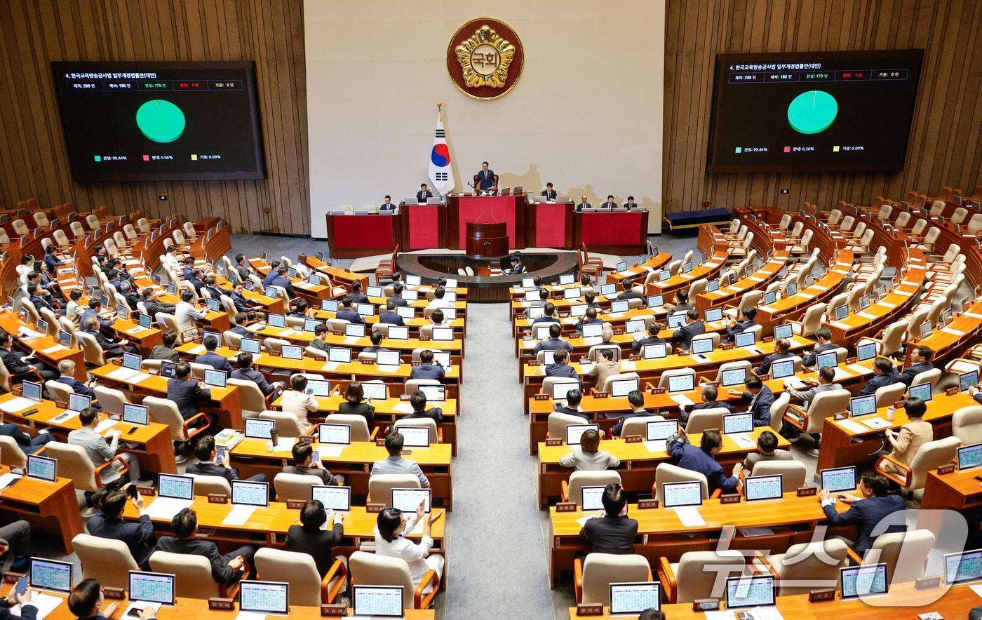 22일 오전 서울 여의도 국회 본회의장에서 한국교육방송공사법(EBS법) 개정안이 국민의힘 불참 속에 재적 298인, 재석 180인, 찬성 179인, 반대 1인, 기권 0인으로 통과되고 있다. 2025.8.22/뉴스1 ⓒ News1 안은나 기자