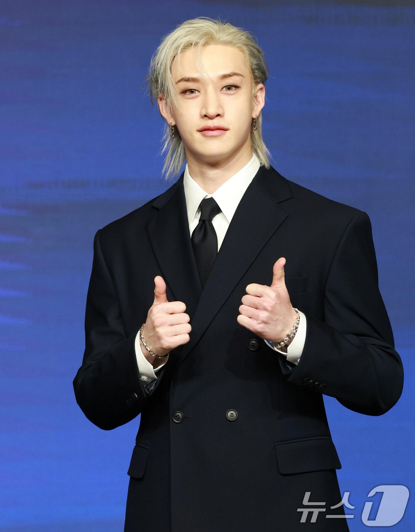 본문 이미지 - 스트레이 키즈(Stray Kids) 방찬이 22일 오전 서울 영등포구 콘래드호텔에서 열린 네 번째 정규 앨범 ‘KARMA’ 기자간담회에 참석해 포즈를 취하고 있다. 2025.8.22/뉴스1 ⓒ News1 권현진 기자