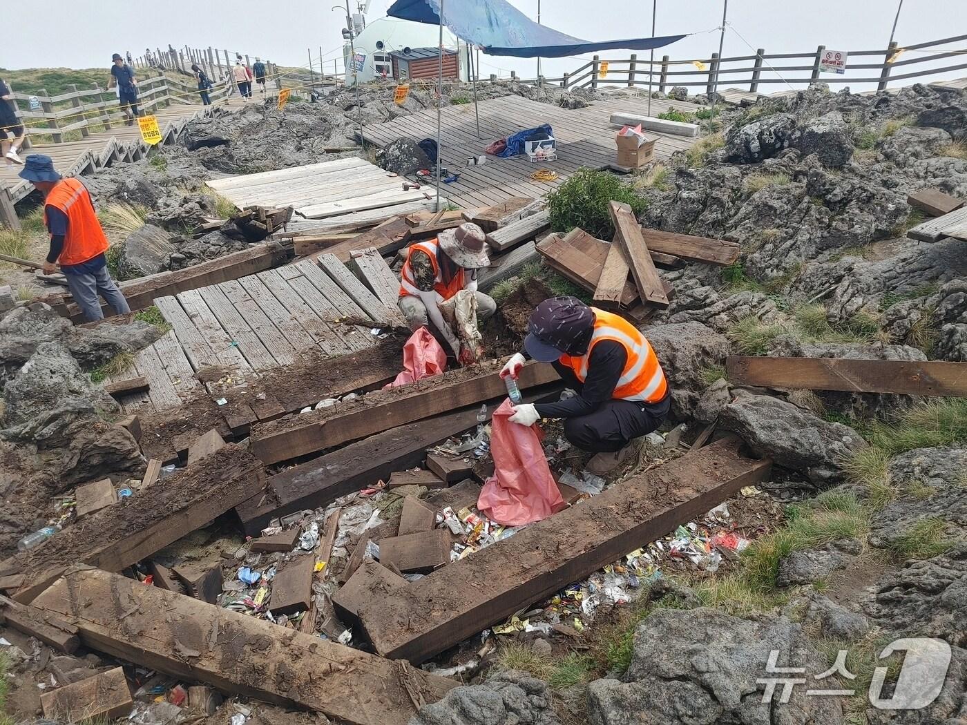 본문 이미지 -  백록담 인근 나무 데크 공사 과정에서 발견된 쓰레기(한라산국립공원관리소 제공. 재판매 및 DB 금지)/뉴스1