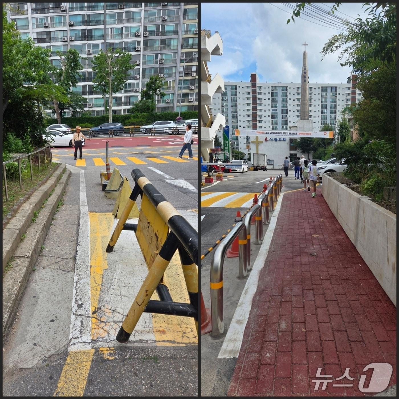 본문 이미지 - 대곡초등학교 인근 통학로의 모습. 왼편은 등굣길 개선 공사 이전, 오른편은 이후의 모습이다. 2025.08.22/(수서서 제공)