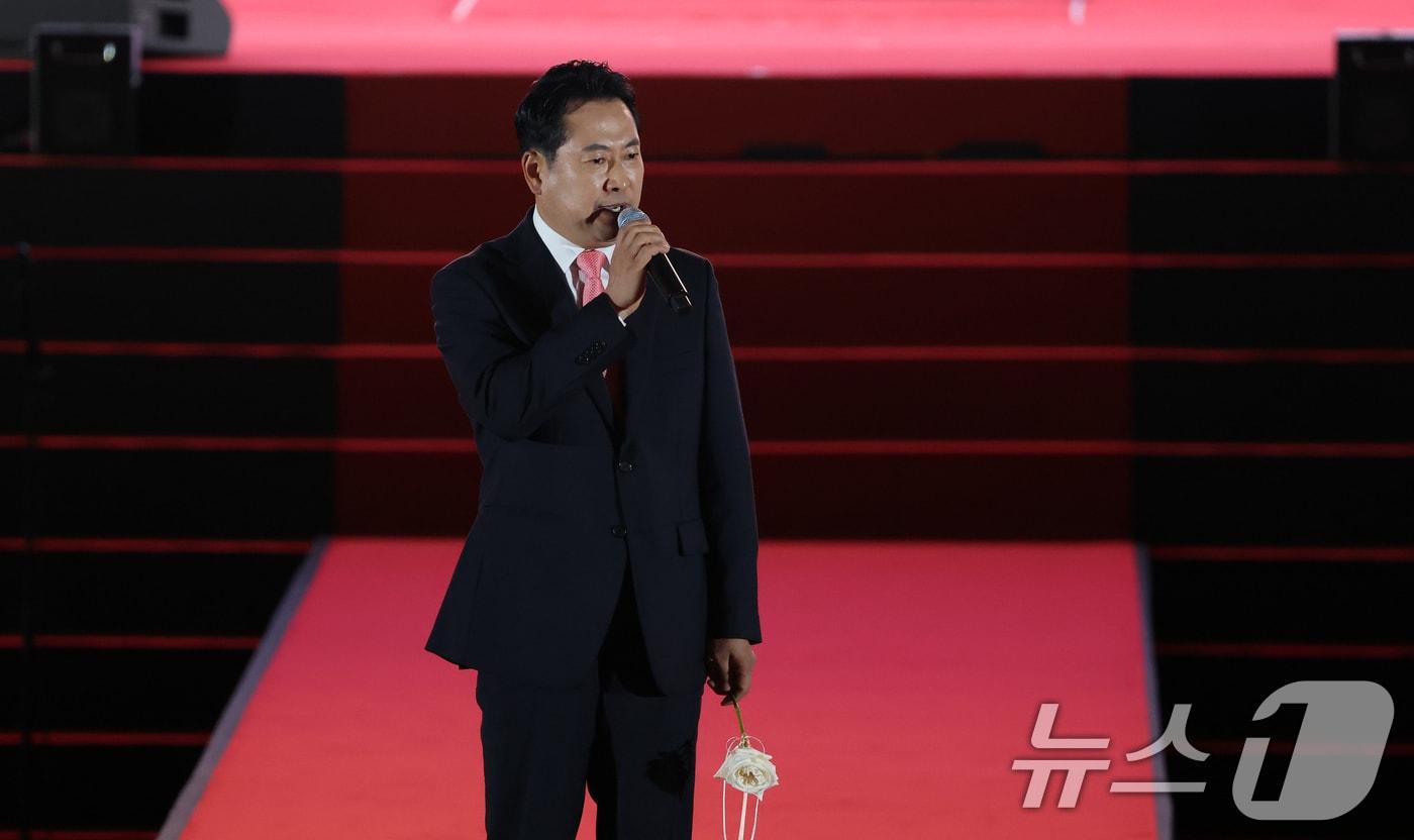 국민의힘 당대표에 출마한 장동혁 후보가 22일 충북 청주시 청주오스코에서 열린 국민의힘 제6차 전당대회에서 후보 연설을 하고 있다. (공동취재) 2025.8.22/뉴스1 ⓒ News1 신웅수 기자