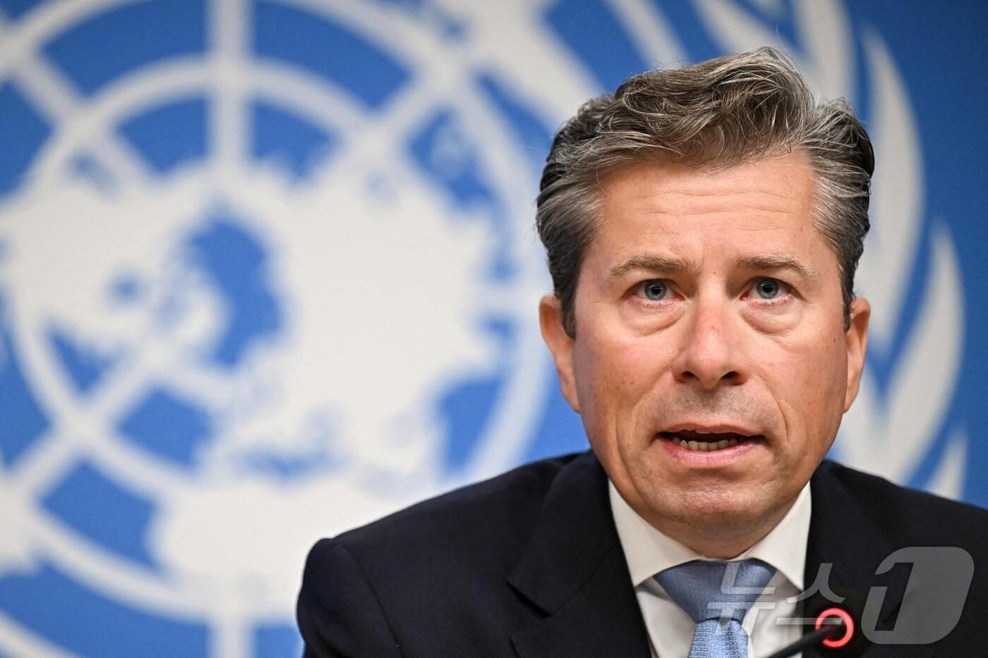 22일(현지시간) 유엔 인도주의업무조정국(OCHA) 사무차장 겸 긴급구호조정관 톰 플레처는 스위스 제네바에서 열린 기자회견에서 가자지구에 공식적으로 기근이 발생했다고 밝혔다. 2025.08.22. ⓒ AFP=뉴스1