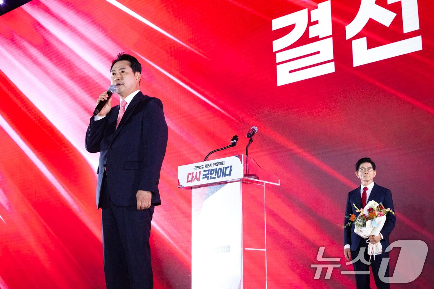 국민의힘 당 대표 결선투표 진출자 장동혁 후보가 22일 오후 충북 청주시 오스코에서 열린 제6차 전당대회에서 발언하고 있다. (공동취재) 2025.8.22/뉴스1 ⓒ News1 신웅수 기자