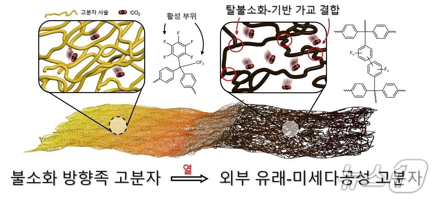 불소화 방향족 고분자가 열처리를 통해 외부 유래 미세다공성 고분자 분리막(EMPM)으로 변환되는 과정(한국연구재단 제공) /뉴스1