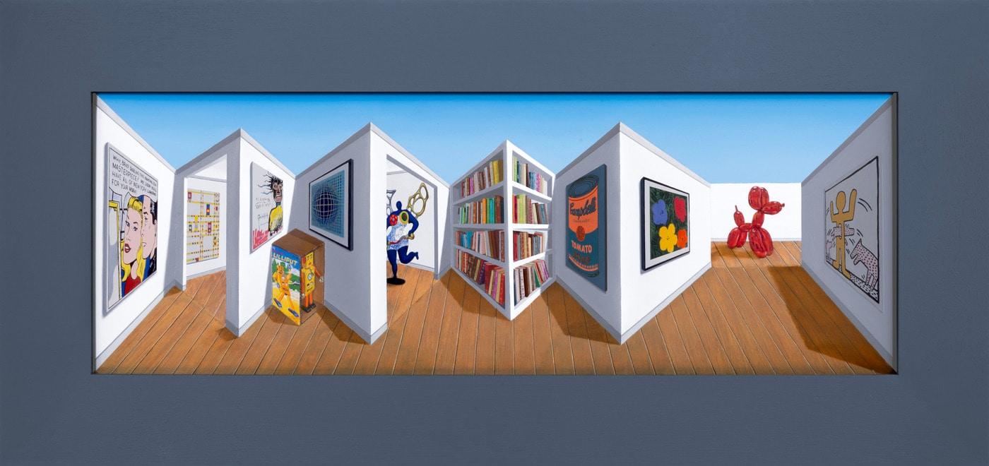 Gallery, 2024, oil and collage on board, 46.1 x 97.4 x 13.5 cm &#40;박여숙화랑 제공&#41;