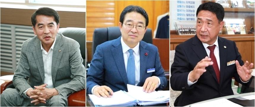본문 이미지 - 왼쪽부터 최재형 보은군수, 황규철 옥천군수, 정영철 영동군수 /뉴스1 