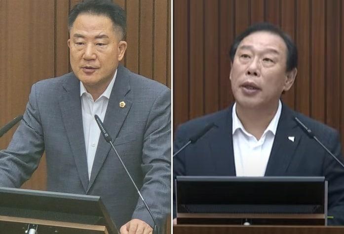 본문 이미지 -  데이터센터 건립을 두고 시정질의하는 상병헌 세종시의원&#40;왼쪽&#41;과 답변에 나선 최민호 시장. / 뉴스1