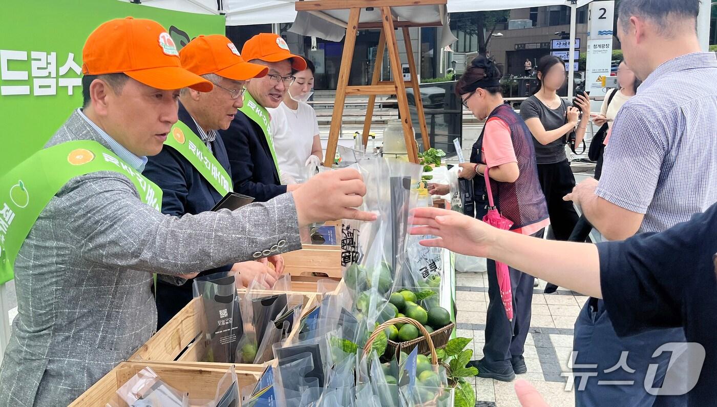 25일 오후 서울 중구 청계광장에서 열린 '청정 제주산 풋귤 릴레이 홍보 행사'.(농협중앙회 제주지역본부 제공, 재판매 및 DB 금지)