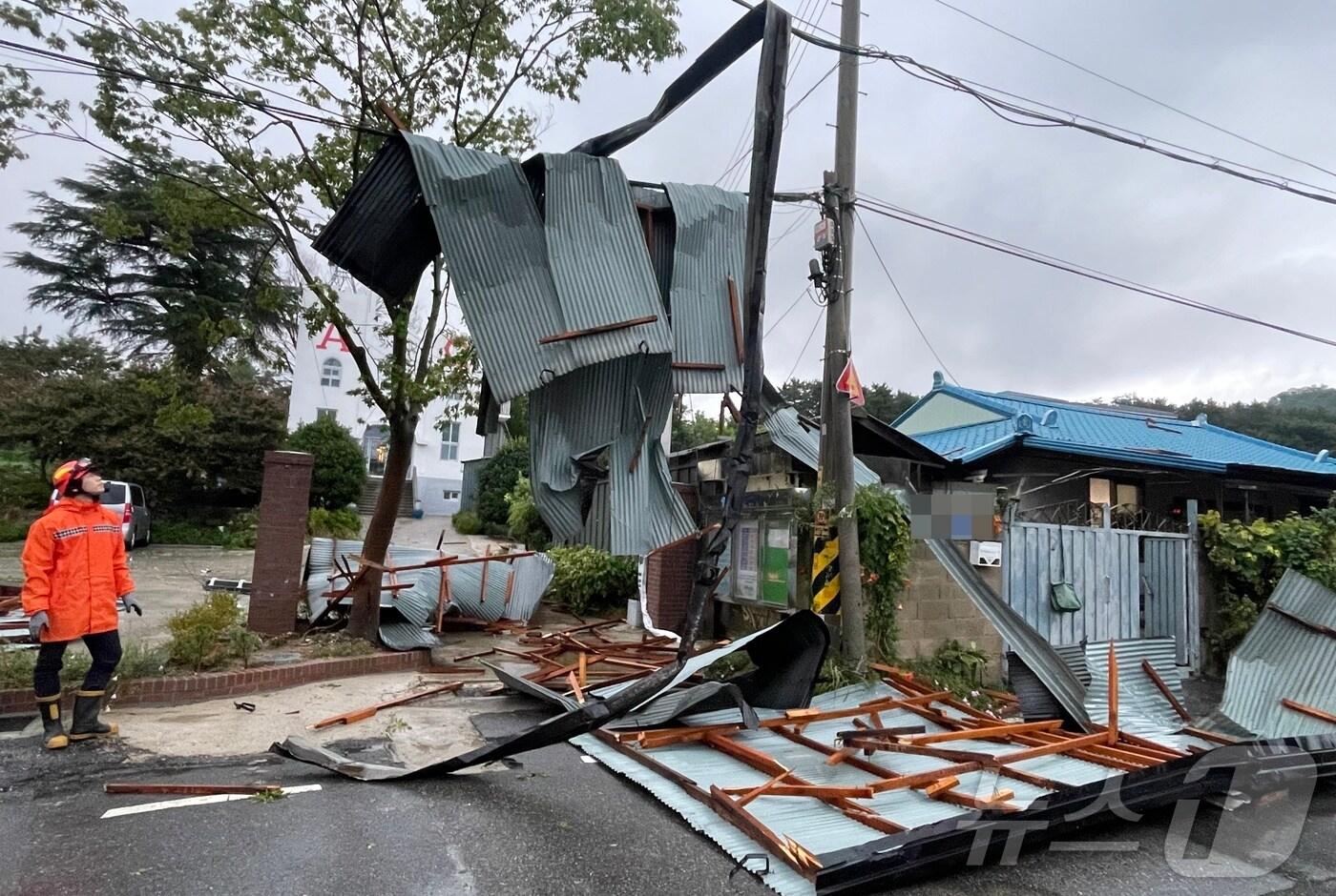 26일 전주시 덕진구 만성동 도로에서 강풍에 날린 지붕이 케이블 선 위에 걸린 모습.(전북소방본부 제공. 재판매 및 DB금지)2025.8.26/뉴스1