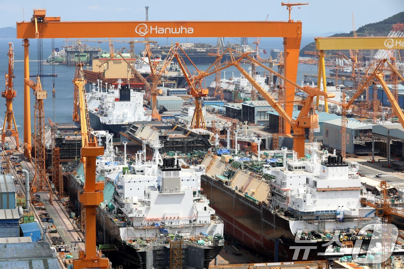 경남 거제시 한화오션 거제사업장에 대형 크레인과 건조 중인 선박. 2025.8.26/뉴스1 ⓒ News1 윤일지 기자