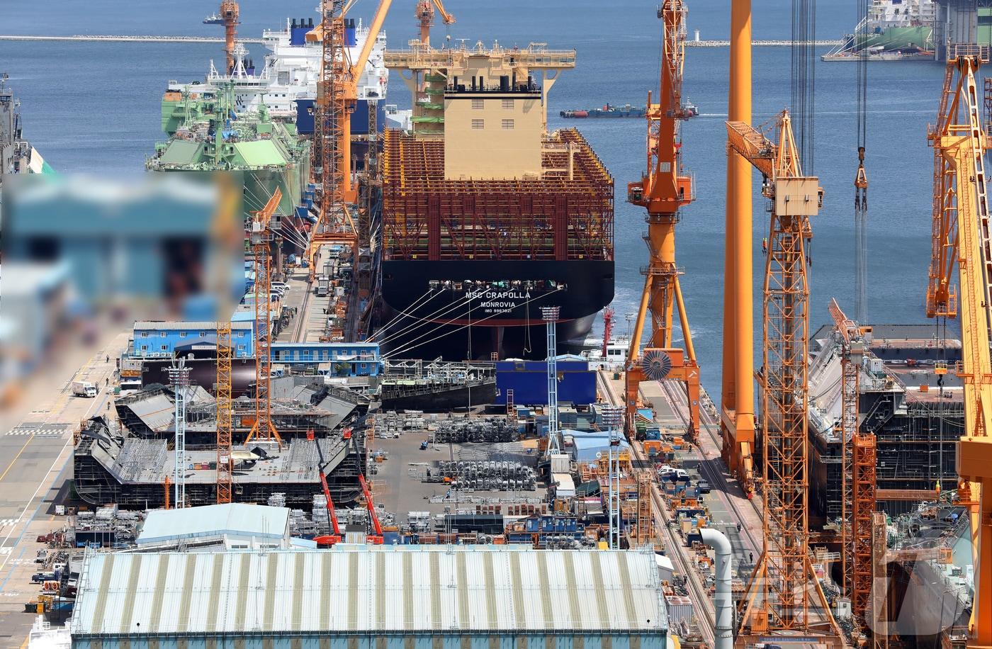 경남 거제시 한화오션 거제사업장에 대형 크레인과 건조 중인 선박이 보이고 있다. /뉴스1 ⓒ News1