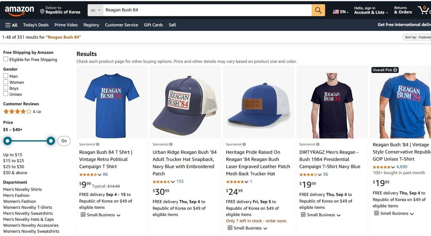 아마존닷컴에서 판매중인 '레이건 부시 84' 티셔츠와 모자(아마존닷컴 갈무리)