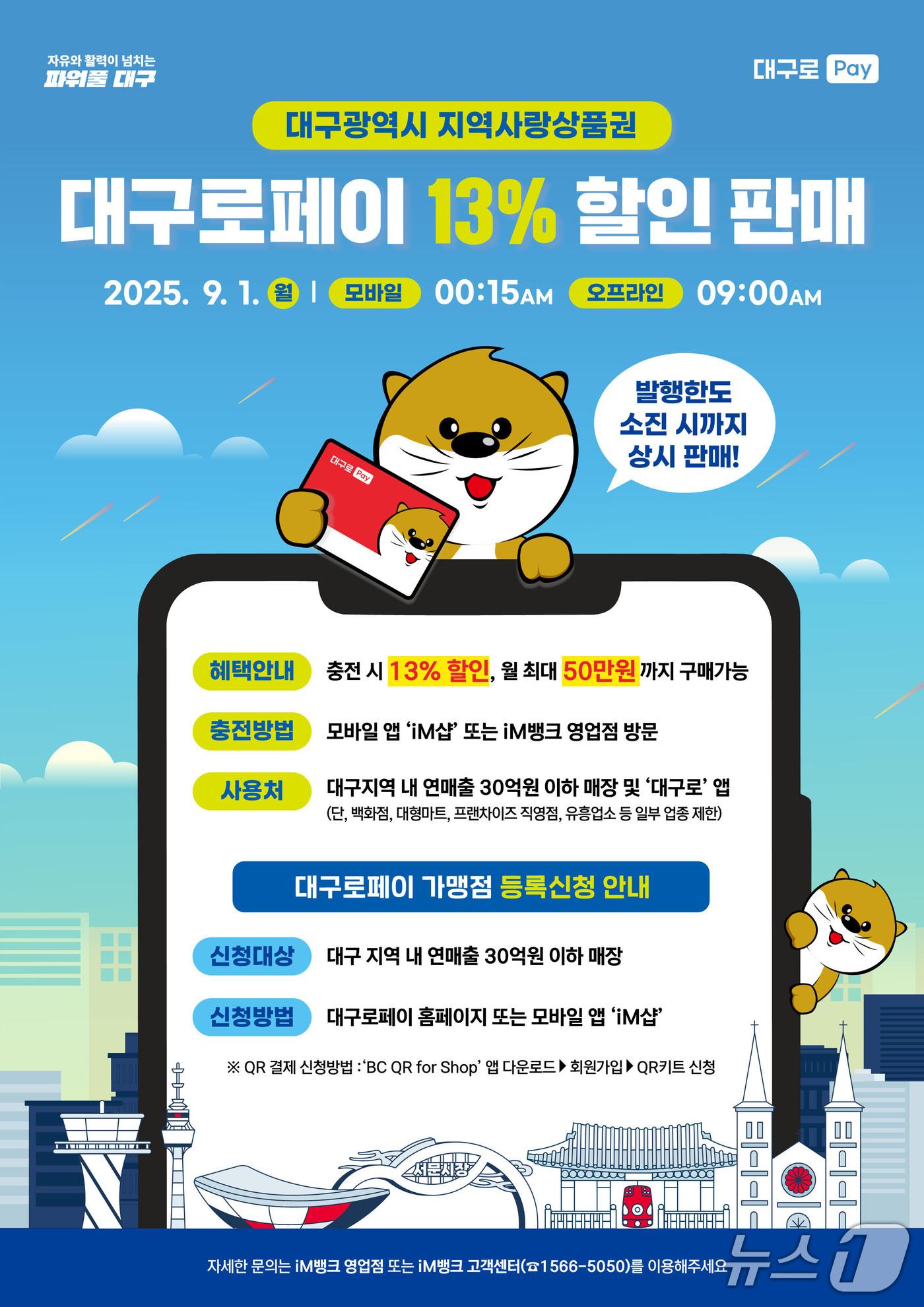 본문 이미지 - 대구시는 다음 달 1일부터 지역사랑상품권(지역화폐) '대구로페이' 할인율을 기존 7％에서 13％로 인상한다. (대구시 제공. 재판매 및 DB 금지)/뉴스1