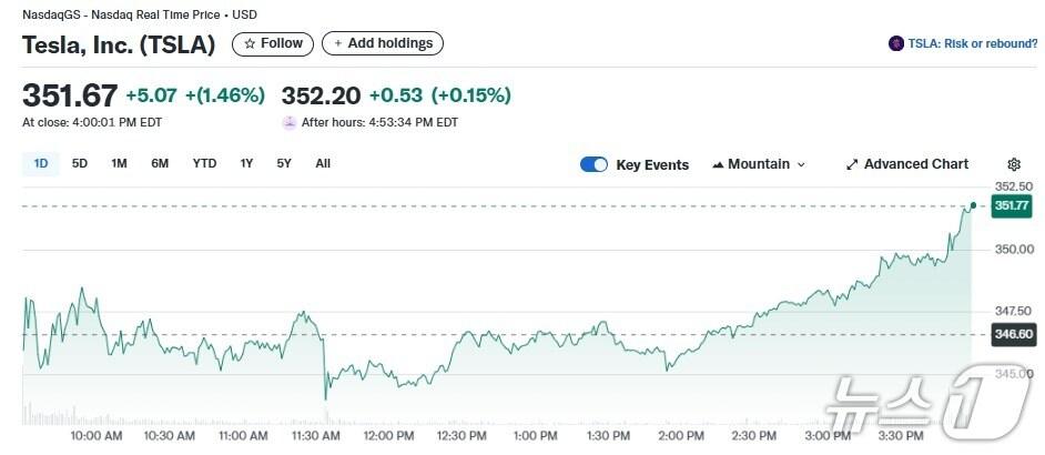 본문 이미지 - 테슬라 일일 주가추이 - 야후 파이낸스 갈무리