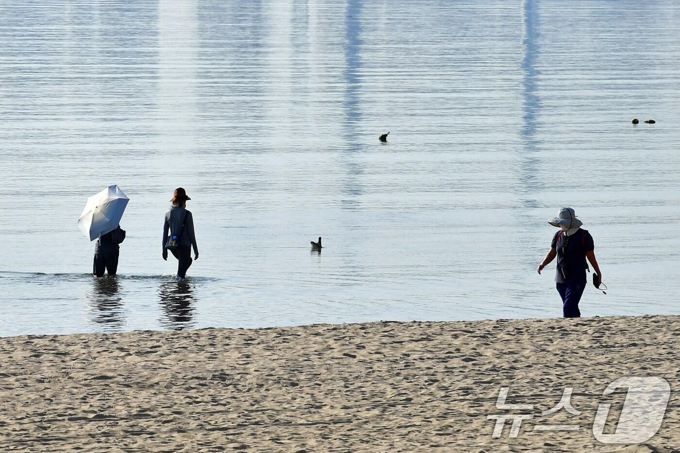 경북 포항시  북구 영일대해수욕장에서 시민들이 바닷물에 발을 담그고 걸어가고 있다. 2025.8.27/뉴스1 ⓒ News1 최창호 기자