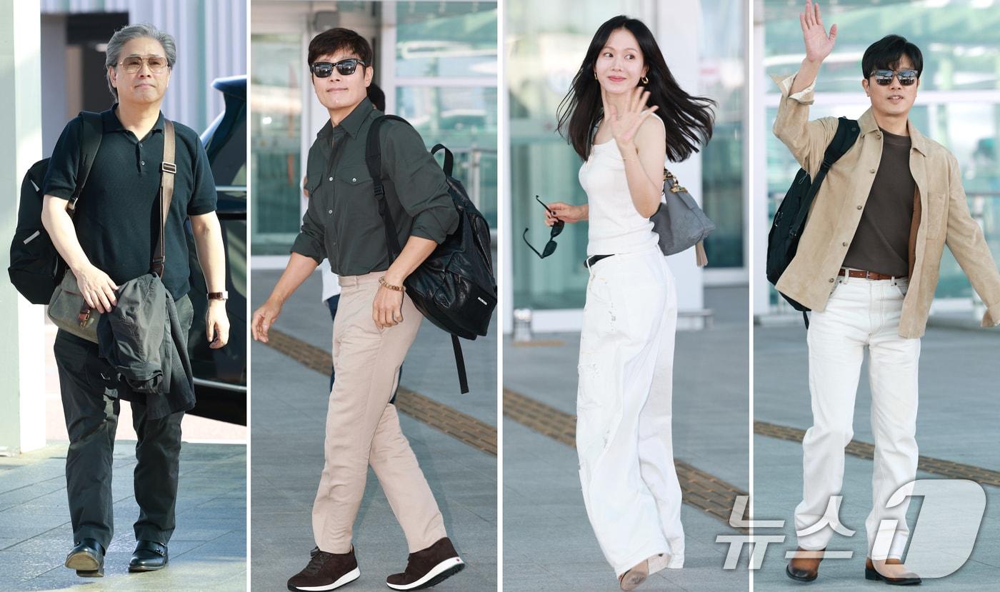 '어쩔수가없다' 박찬욱 감독(왼쪽부터)과 배우 이병헌, 손예진, 박희순이 베니스국제영화제 참석을 위해 27일 오전 인천국제공항을 통해 파리로 출국하고 있다. ⓒ News1 권현진 기자