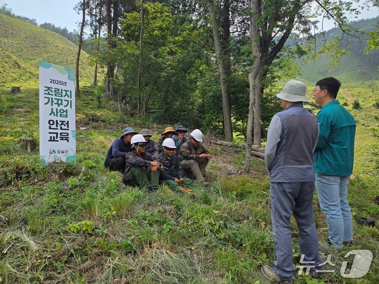 본문 이미지 - 전북 임실군이 조림지 가꾸기 사업 작업자들에게 안전 교육을 실시하고 있다.(임실군제공. 재판매 및 DB금지)2025.8.27/뉴스1