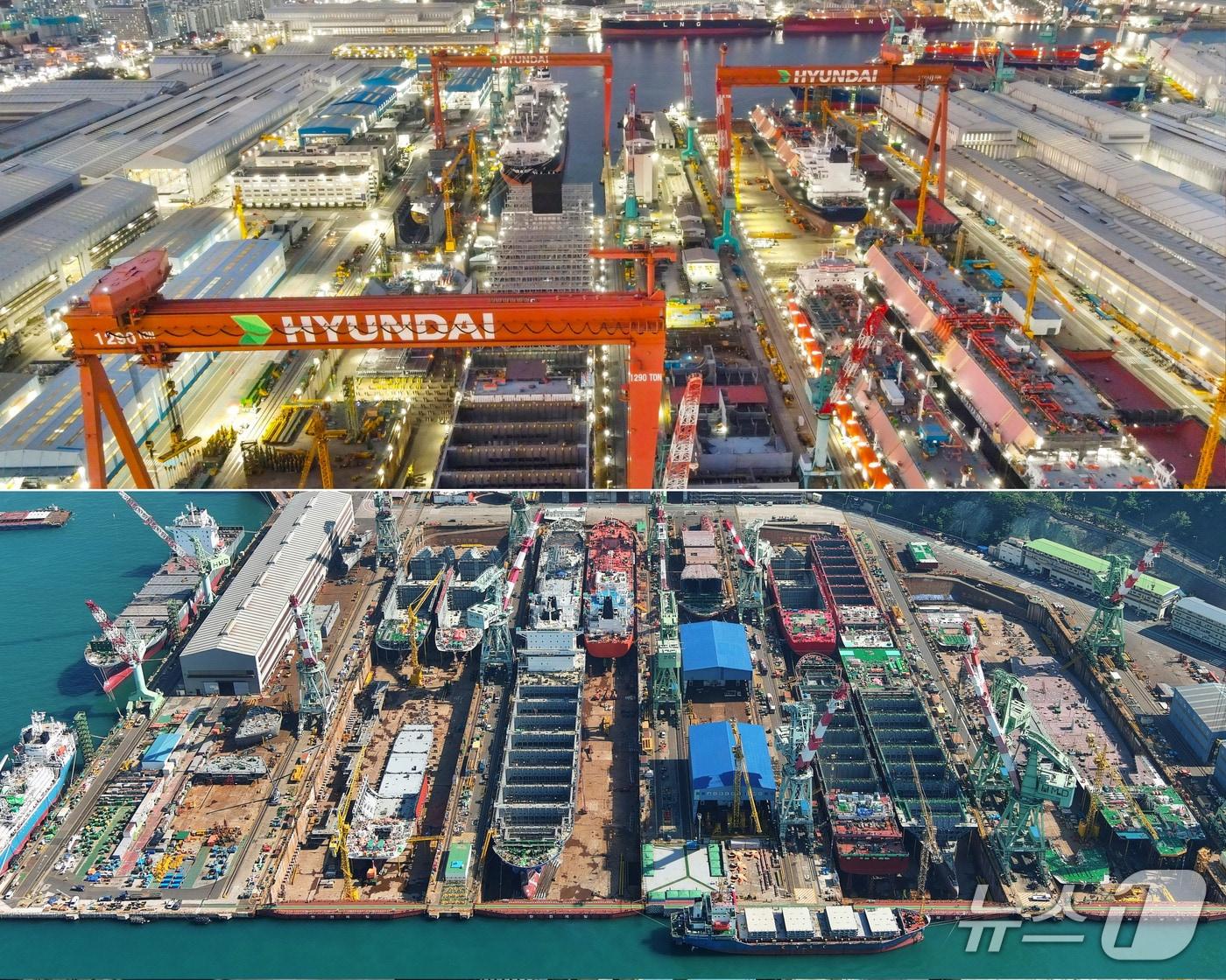 본문 이미지 - HD현대중공업&#40;위&#41;, HD현대미포&#40;아래&#41; 야드 전경&#40;HD현대 제공&#41;