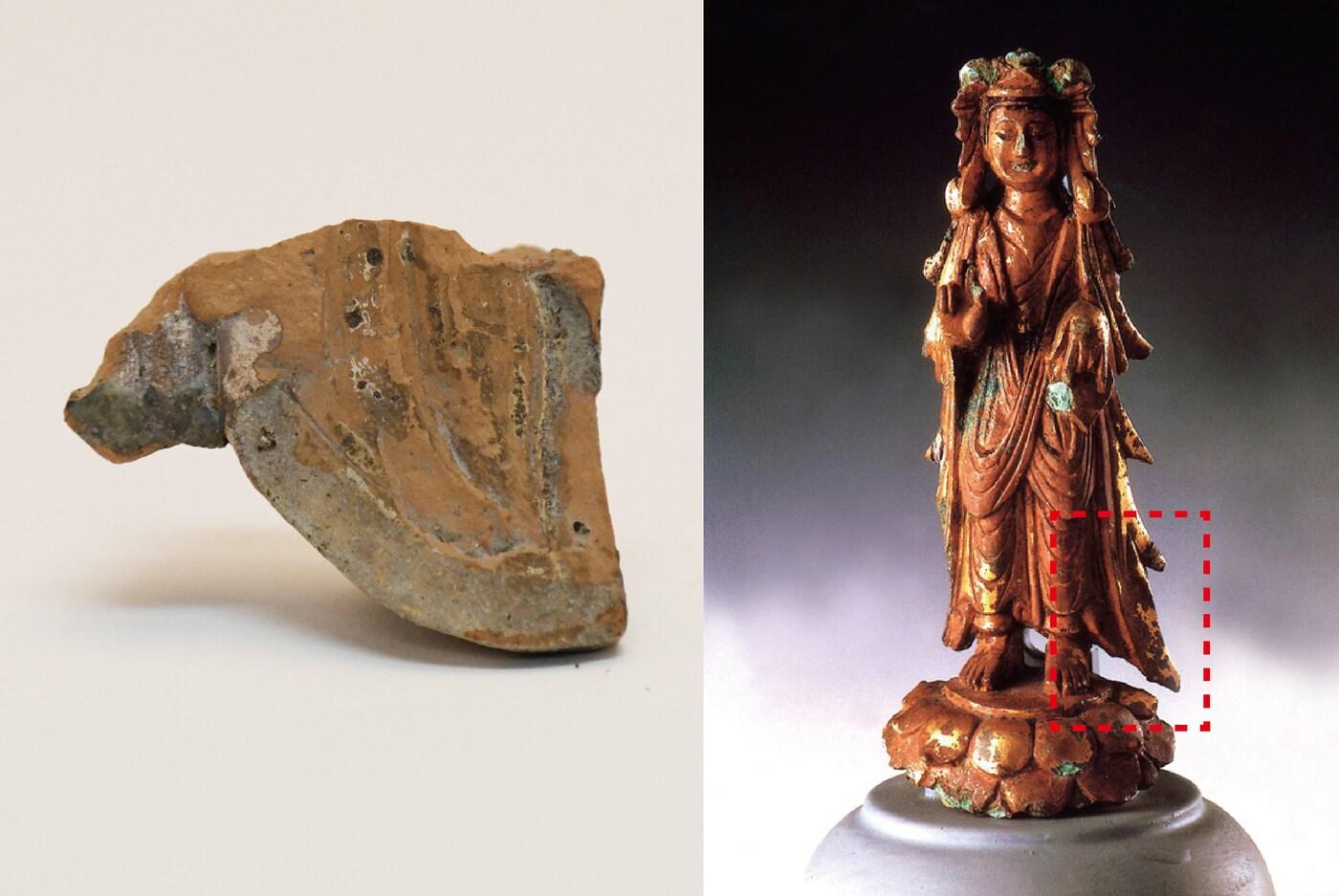 소조상의 옷자락(왼쪽)과 부여 군수리 금동보살입상(국가유산청 제공)