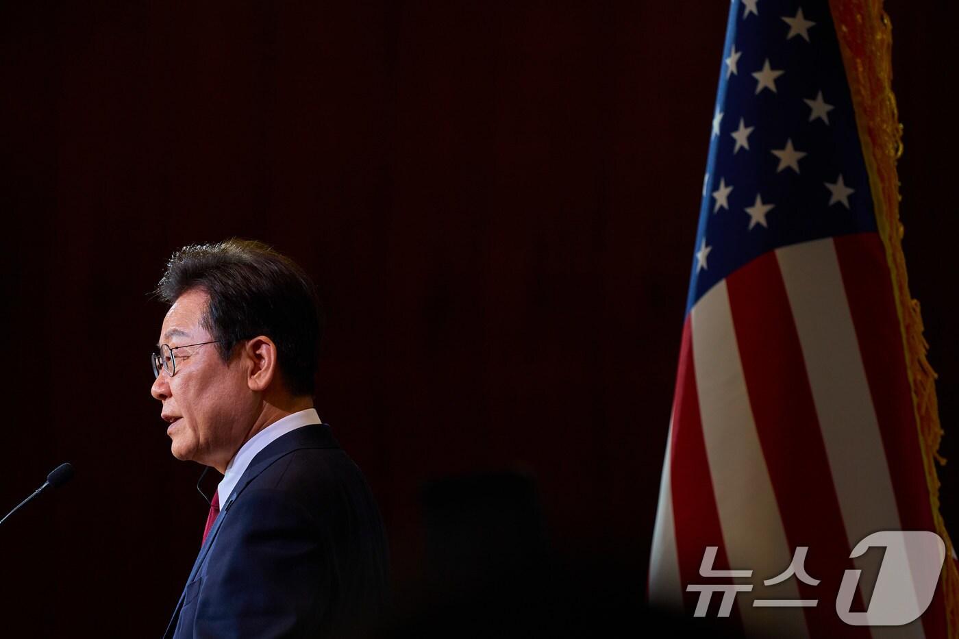 이재명 대통령이 25일&#40;현지시간&#41; 미국 워싱턴 DC 국제전략문제연구소&#40;CSIS&#41;에서 정책 연설을 하고 있다. &#40;이재명 대통령 SNS. 재판매 및 DB 금지&#41; 2025.8.28/뉴스1 ⓒ News1 이재명 기자