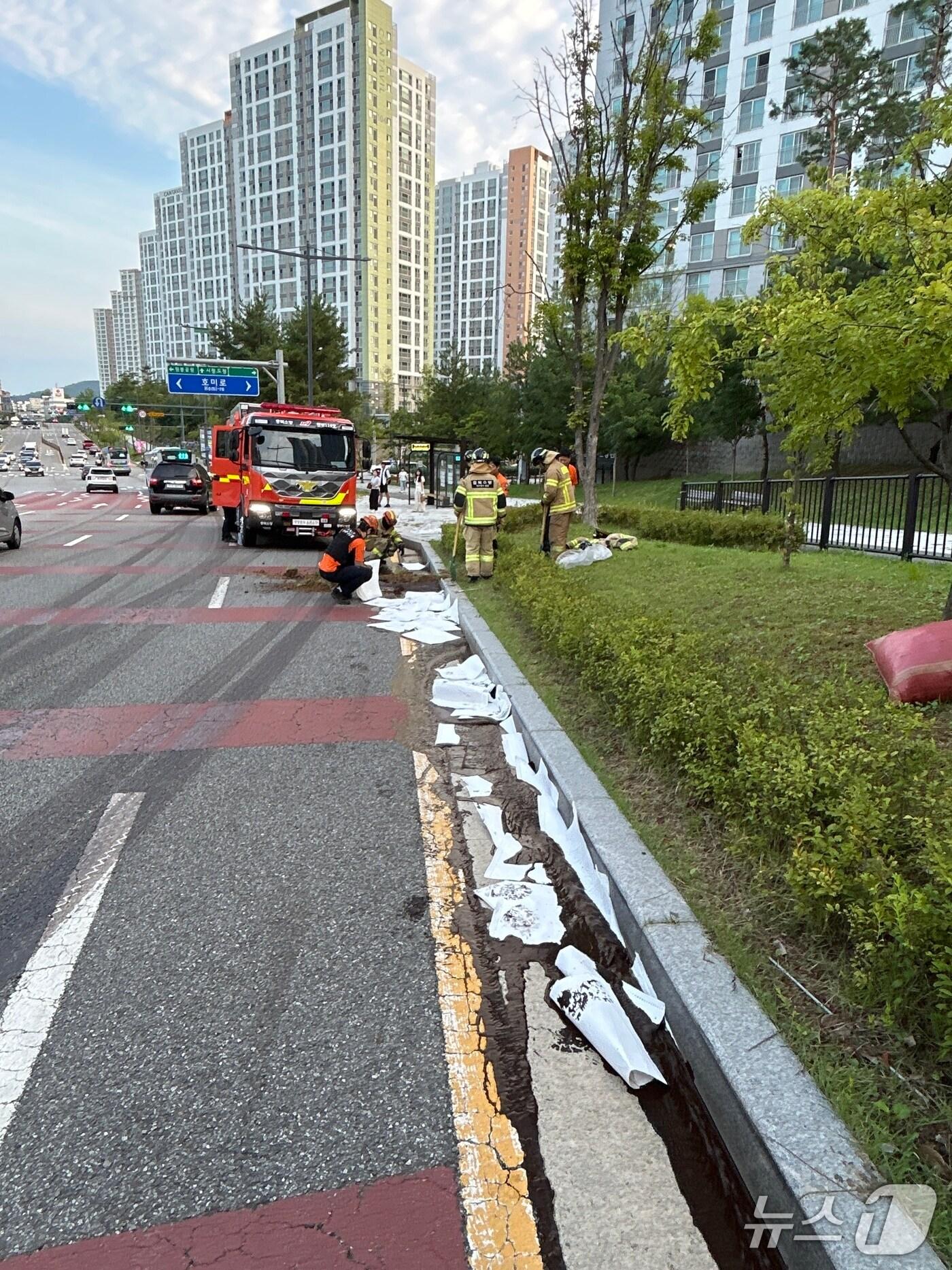 본문 이미지 - 아스팔트 유화제가 흘러나온 현장(청주동부소방서 제공. 재판매 및 DB금지)./뉴스1