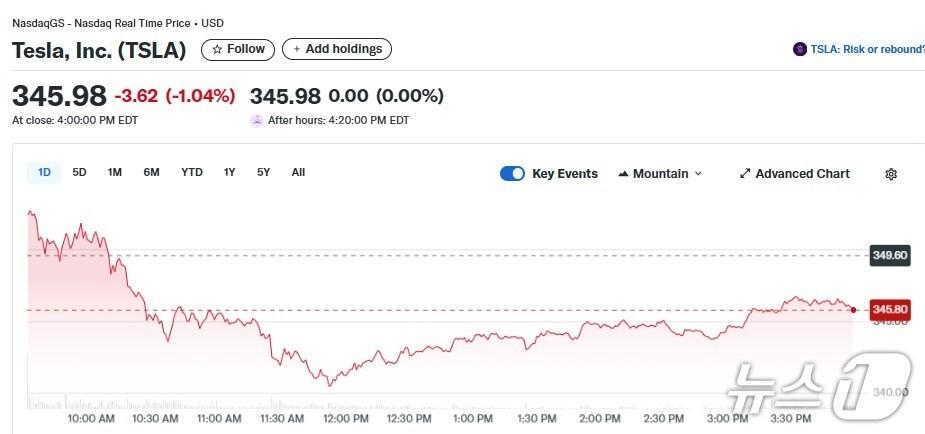 본문 이미지 - 테슬라 일일 주가추이 - 야후 파이낸스 갈무리