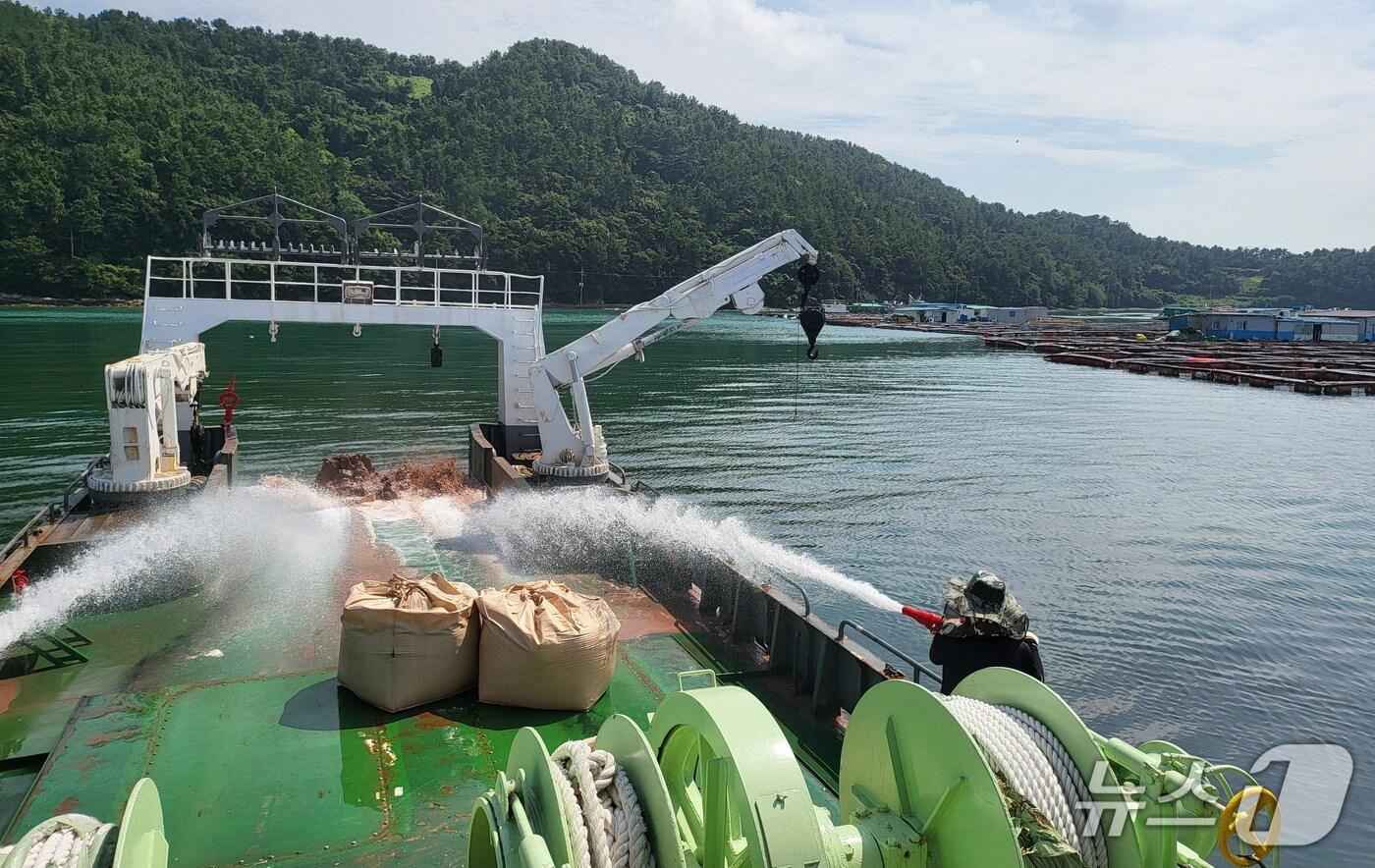 적조 피해 예방 위한 황토 살포.(전남도 제공. 재판매 및 DB금지) 2025.8.29/뉴스1