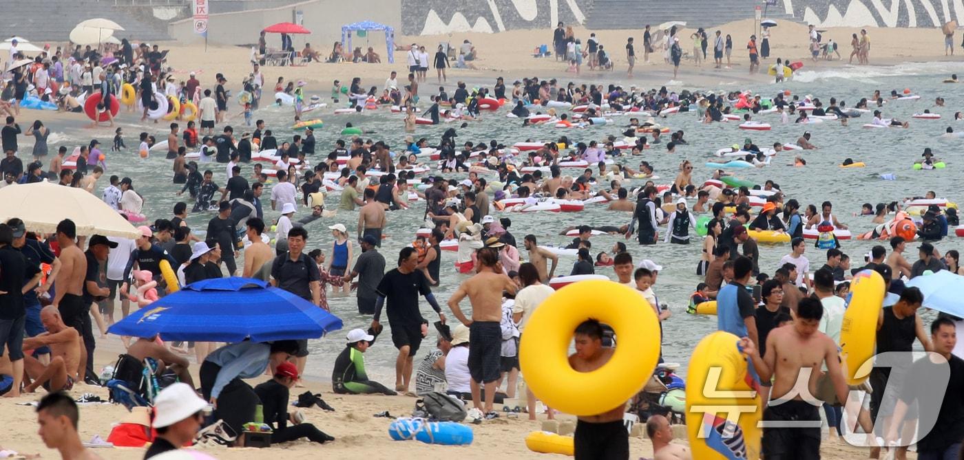 부산 해운대해수욕장을 찾은 피서객들이 물놀이를 즐기며 더위를 식히고 있다. 2025.8.3/뉴스1 ⓒ News1 윤일지 기자