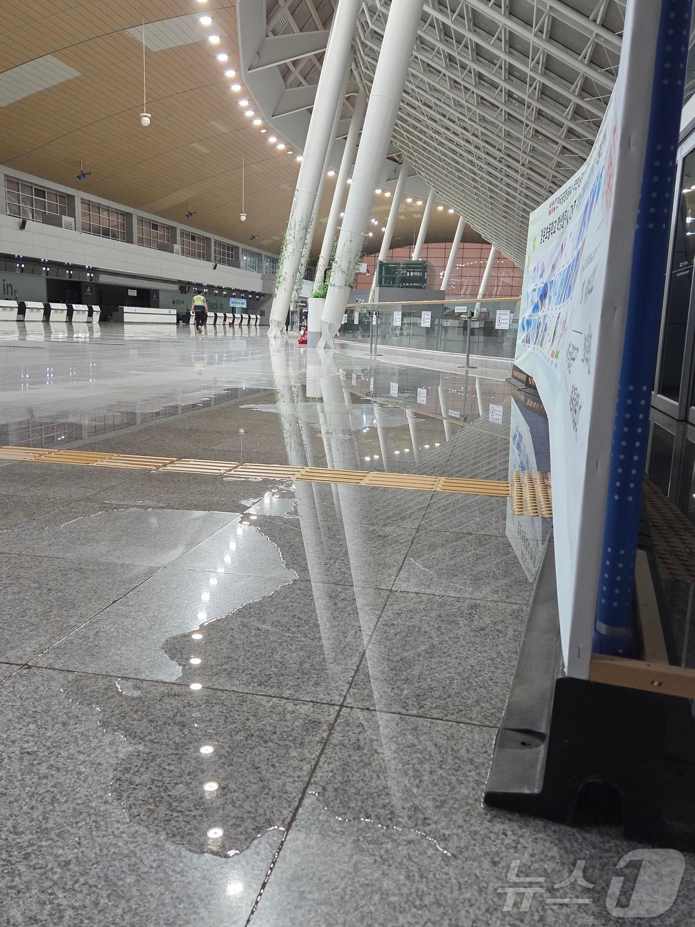 본문 이미지 - 3일 오후 전남 무안공항에 괴물 폭우가 쏟아지면서 샌 물이 바닥에 고여 있다. &#40;12·29 제주항공 여객기 참사 유가족협의회 제공&#41; 2025.8.3/뉴스1 