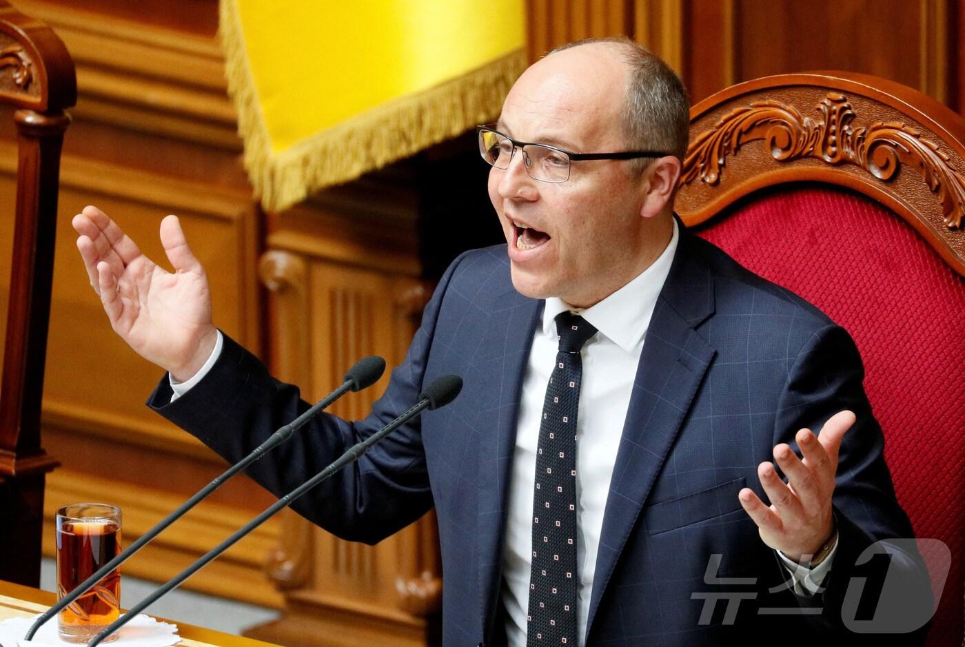 2019년 5월 22일&#40;현지시간&#41; 안드리 파루비 당시 우크라이나 국회의장이 키이우 국회에서 발언하고 있다. 2019.05.22. ⓒ 로이터=뉴스1 ⓒ News1 윤다정 기자