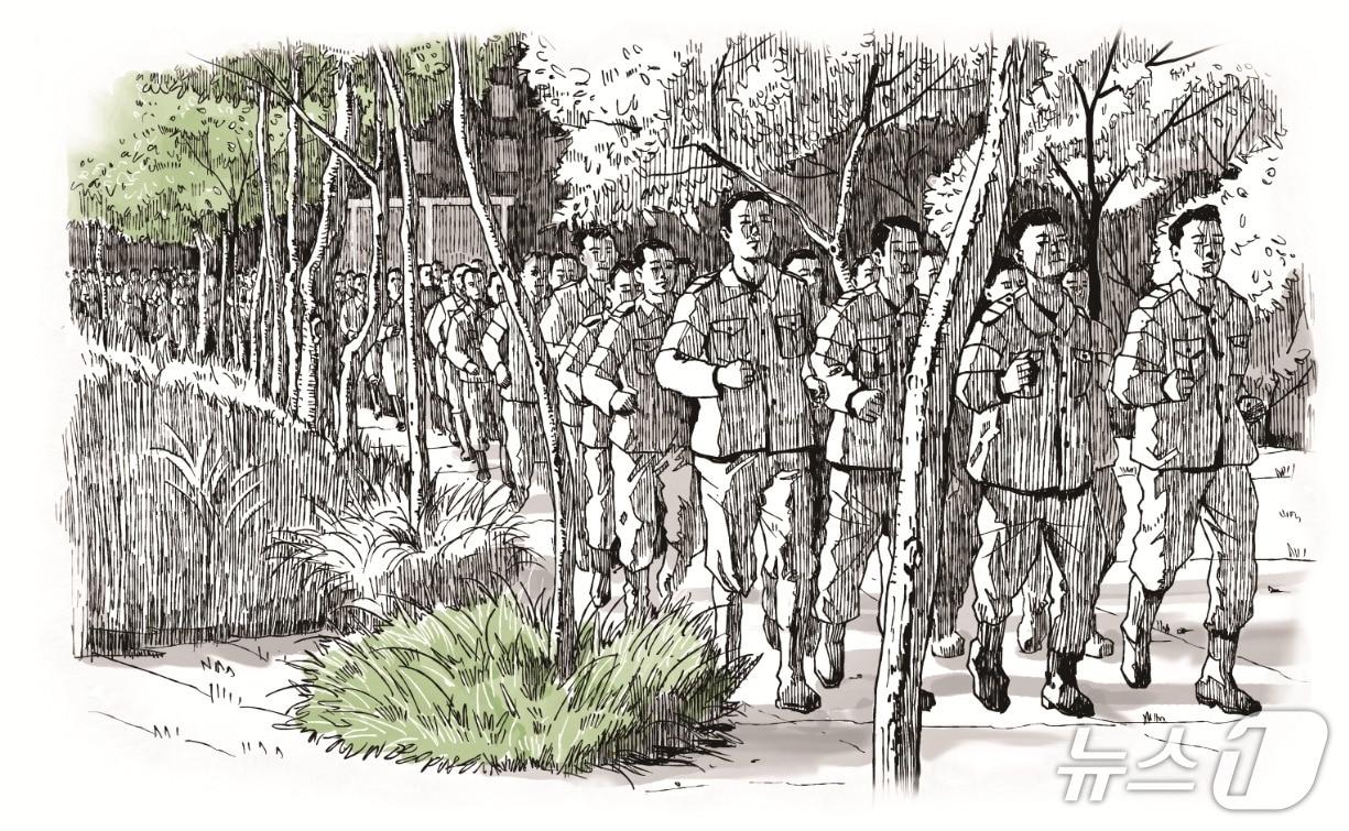 본문 이미지 - 훈련중인 한국광복군 대원들의 모습 펜 일러스트(독립기념관)