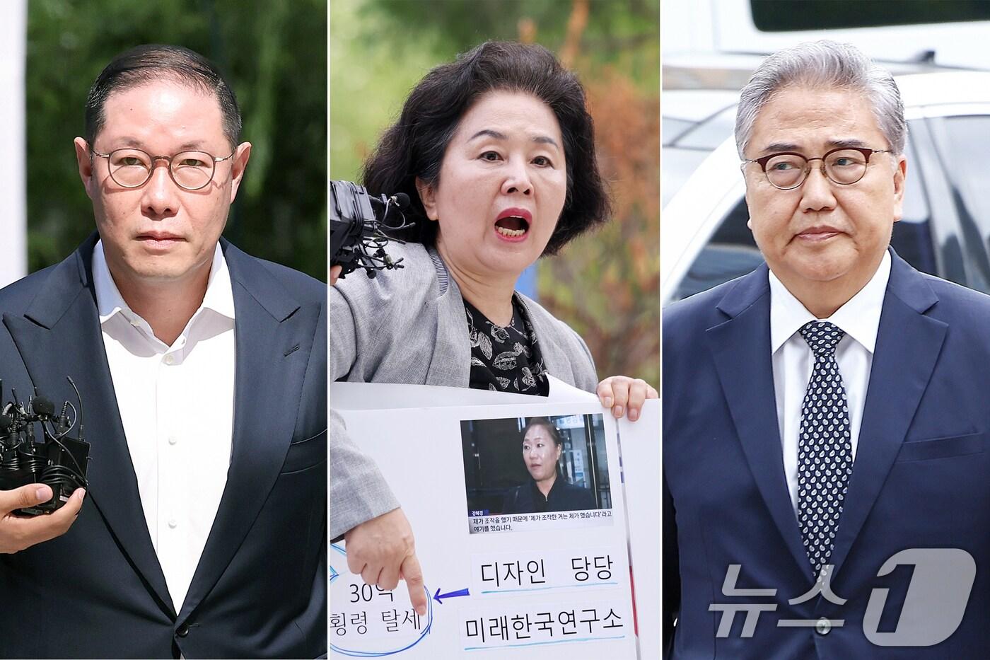 김영선 전 국민의힘 의원과 조현상 HS효성 부회장, 박진 전 외교부 장관이 4일 서울 종로구 &#39;김건희 특검&#39;&#40;특별검사 민중기&#41; 사무실로 조사를 받기 위해 출석하고 있다. 왼쪽부터 조현상 부회장, 김영선 전 의원, 박진 전 장관. 2025.8.4/뉴스1 ⓒ News1 박지혜 기자,김민지 기자