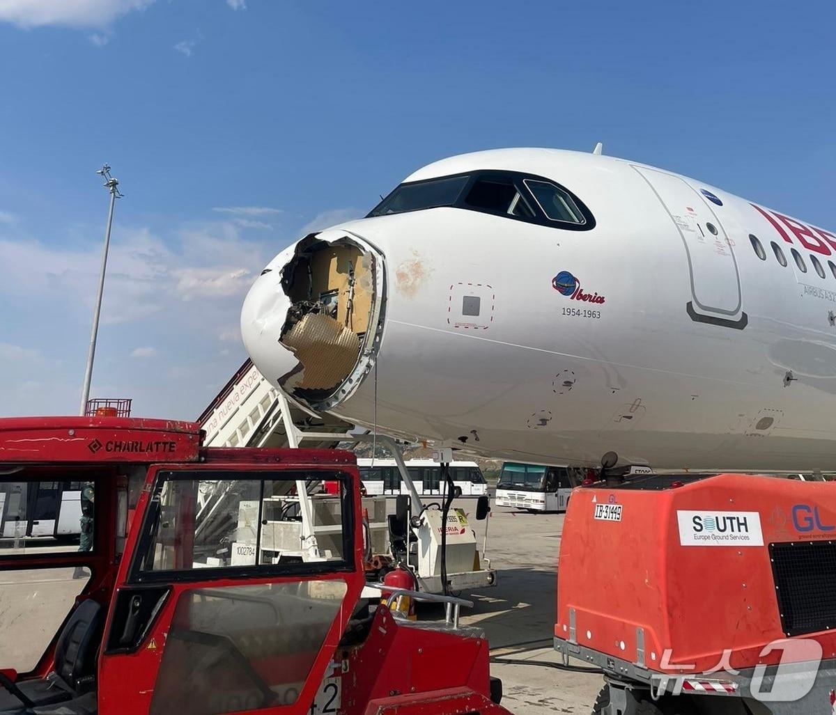 본문 이미지 - 3일(현지시간) 스페인 마드리드에서 프랑스 파리로 향하던 여객기가 이륙 직후 조류와 충돌해 기체가 심각하게 파손됐다.