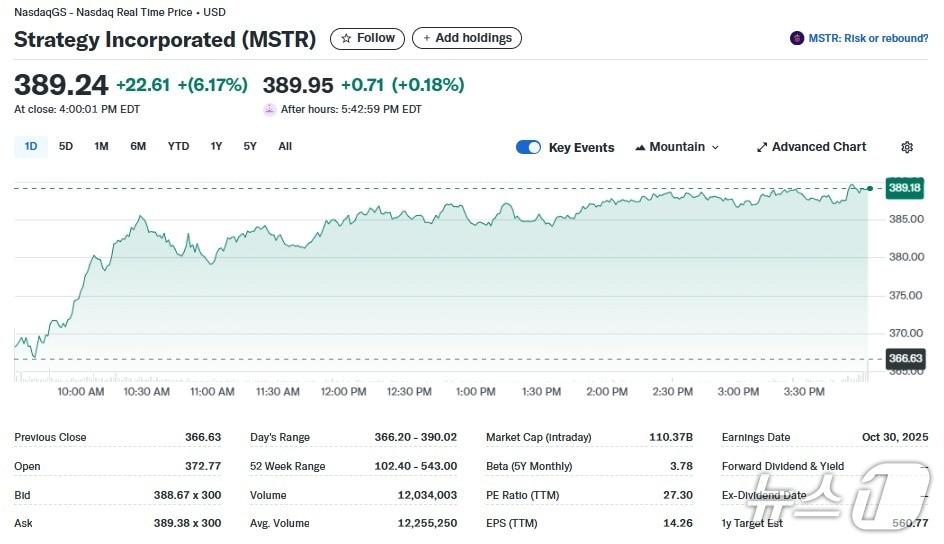 본문 이미지 - 스트래티지 일일 주가추이 - 야후 파이낸스 갈무리