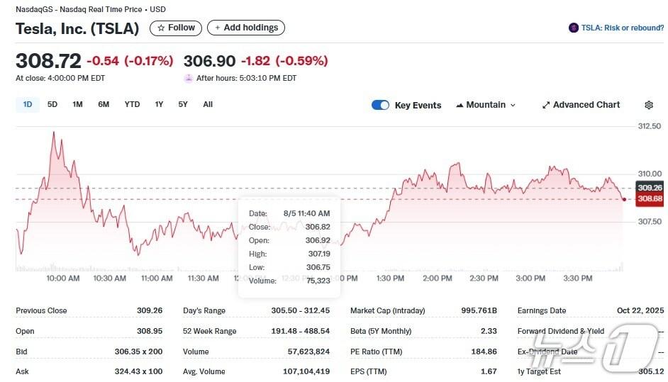본문 이미지 - 테슬라 일일 주가추이 - 야후 파이낸스 갈무리
