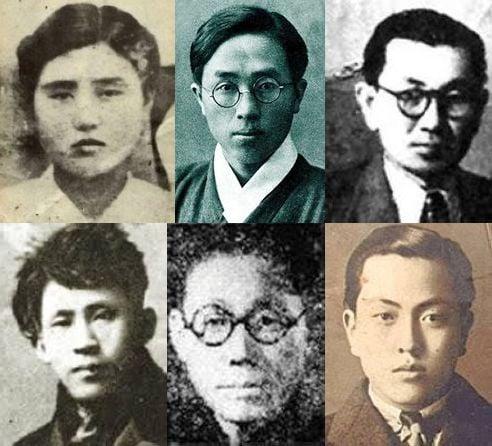 본문 이미지 - 위 왼쪽부터 김명순, 정지용, 김기림, 아래 왼쪽부터 이상, 이용악, 오장환