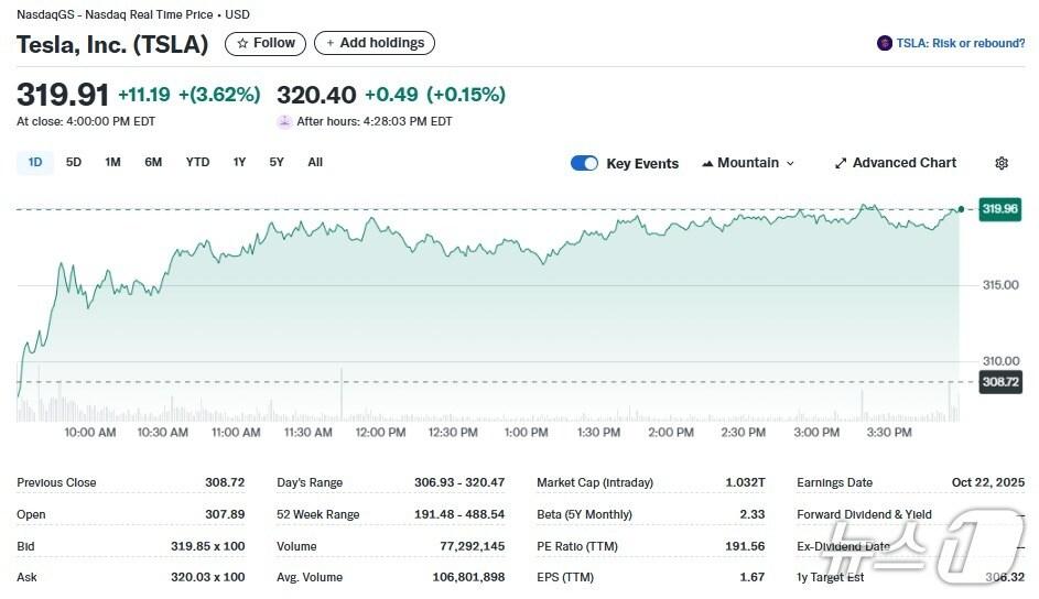 본문 이미지 - 테슬라 일일 주가추이 - 야후 파이낸스 갈무리