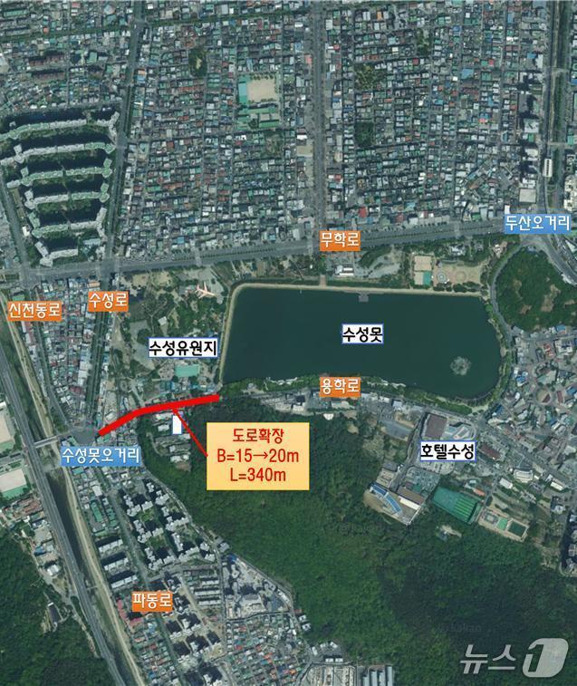 본문 이미지 - 대구시는 7일 수성구 용학로 일대 수성못오거리 구간의 교통혼잡 개선 사업을 완료하고, 오는 11일부터 전면 운영에 들어간다고 밝혔다. 이미지는 사업 완료 구간 위치도. &#40;대구시 제공. 재판매 및 DB 금지&#41;
