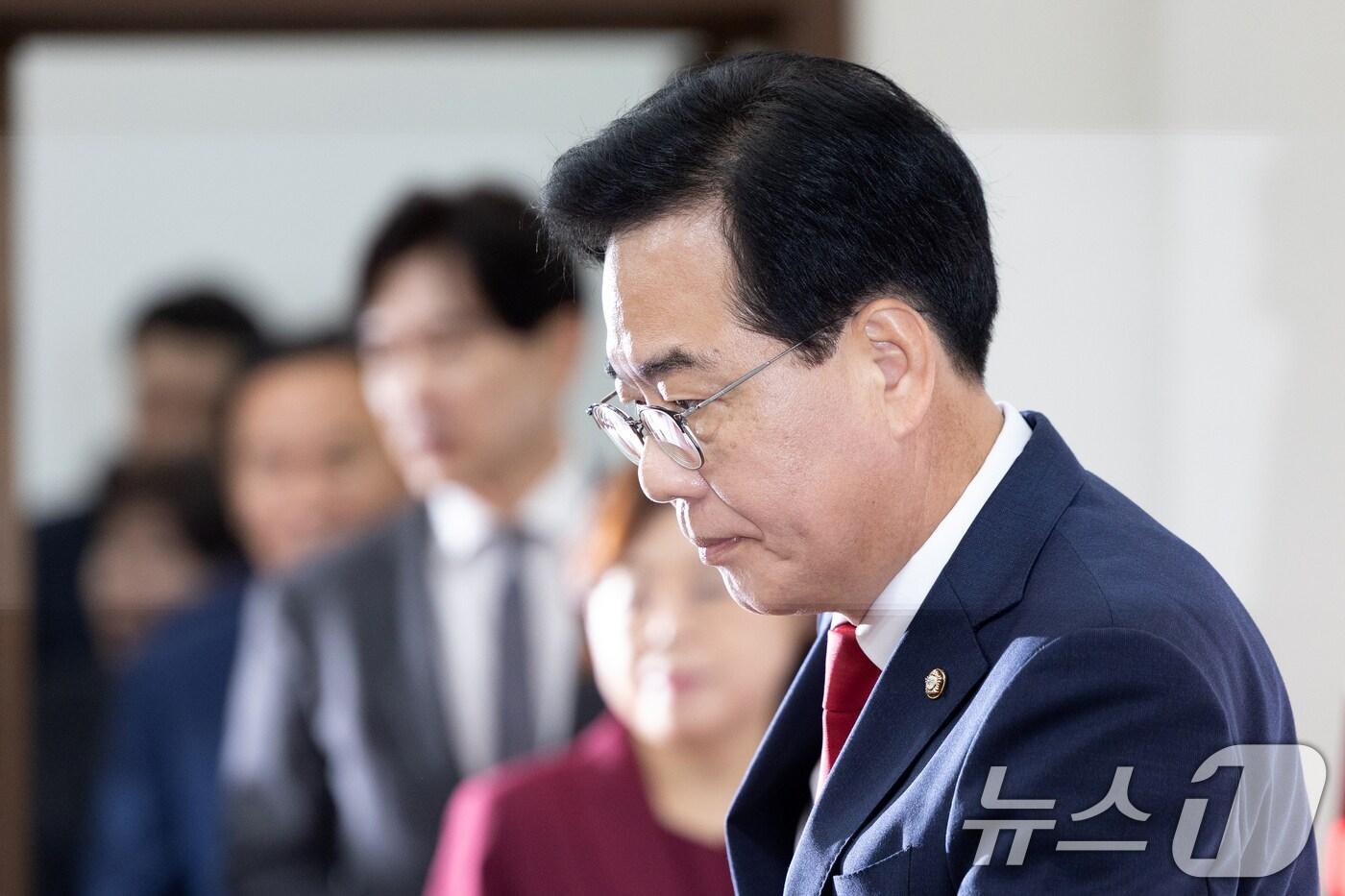 송언석 국민의힘 비상대책위원장 겸 원내대표가 7일 오전 서울 여의도 국회에서 열린 비상대책위원회의에 참석하고 있다. 2025.8.7/뉴스1 ⓒ News1 이승배 기자